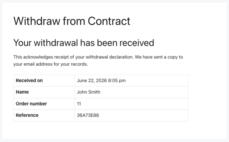 Withdrawal from contract request submitted confirmation