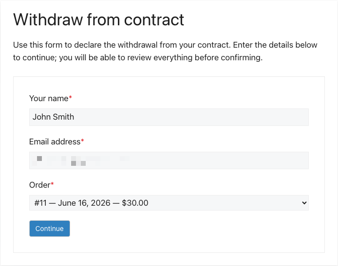 EDD Right to Withdraw from Contract login form confirmation screen
