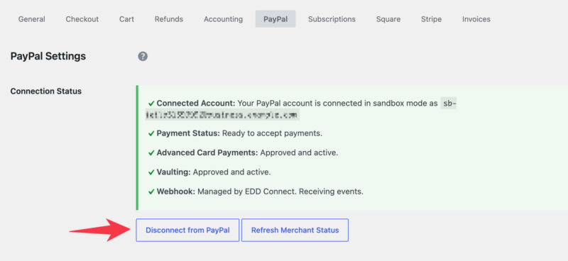 PayPal-Verbindung von Easy Digital Downloads trennen.