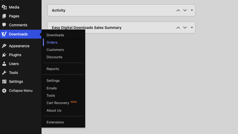 Easy Digital Downloads menu admin area in WordPress