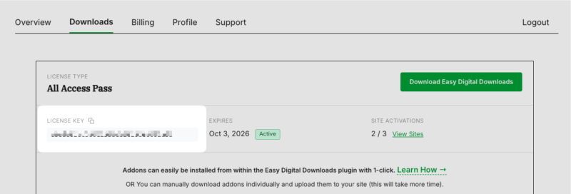 Easy Digital Downloads Pro license key to copy from account dashboard.