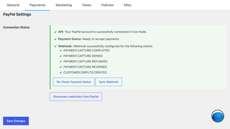 Configuración de PayPal mostrando el estado de conexión exitosa.