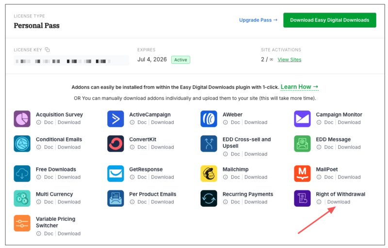 The Right of Withdrawal download from Easy Digital Downloads Pro account dashboard.