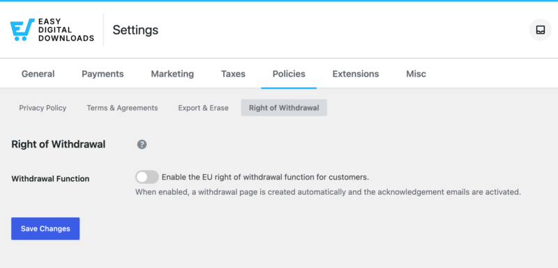Easy Digital Downloads Customer Right of Withdrawal plugin enable feature tab.