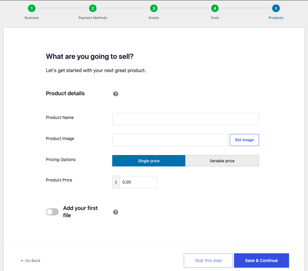 edd-setup-wizard-add-product-step-5 – Easy Digital Downloads Adding a product to step 5 of EDD Setup Wizard.