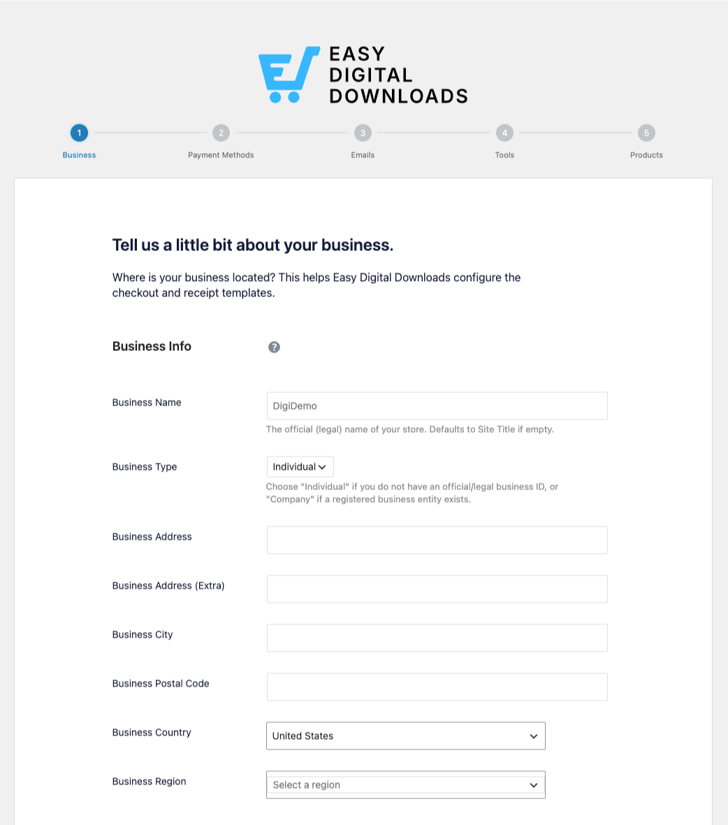 edd-setup-wizard-business-step – Easy Digital Downloads The Business Info step of the Easy Digital Downloads Setup Wizard.
