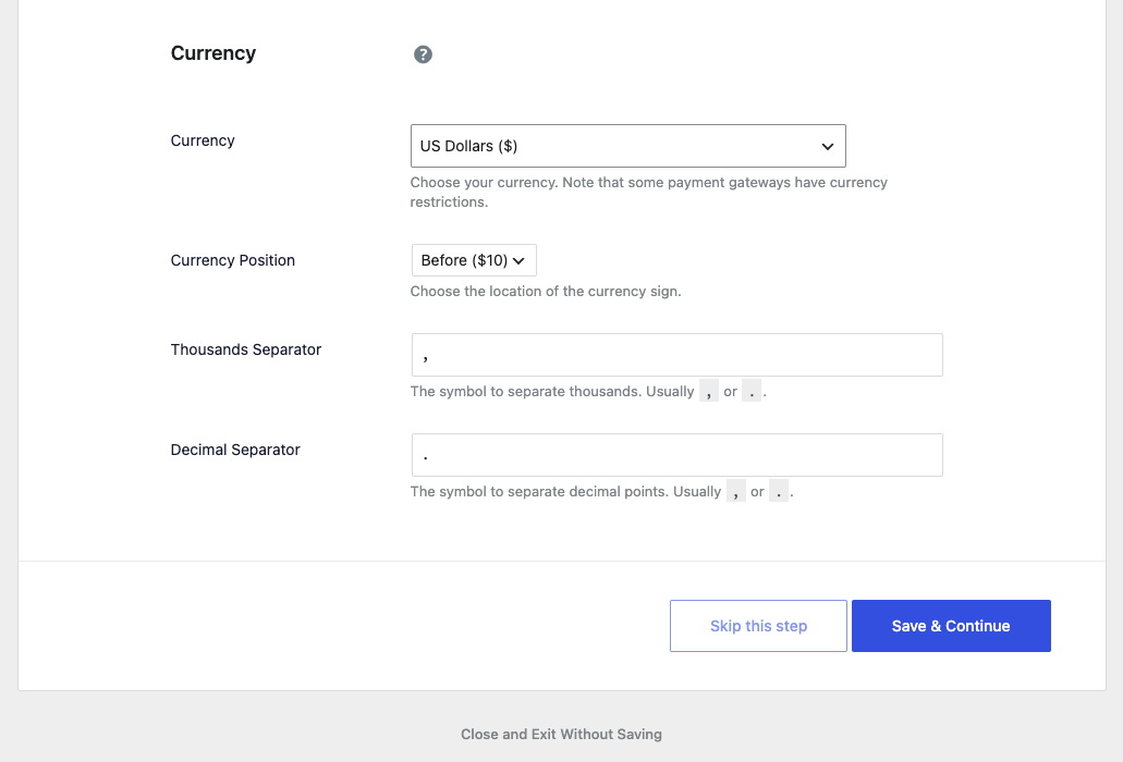 edd-setup-wizard-currency – Easy Digital Downloads The Currency fields in the Business step of the EDD Setup Wizard.