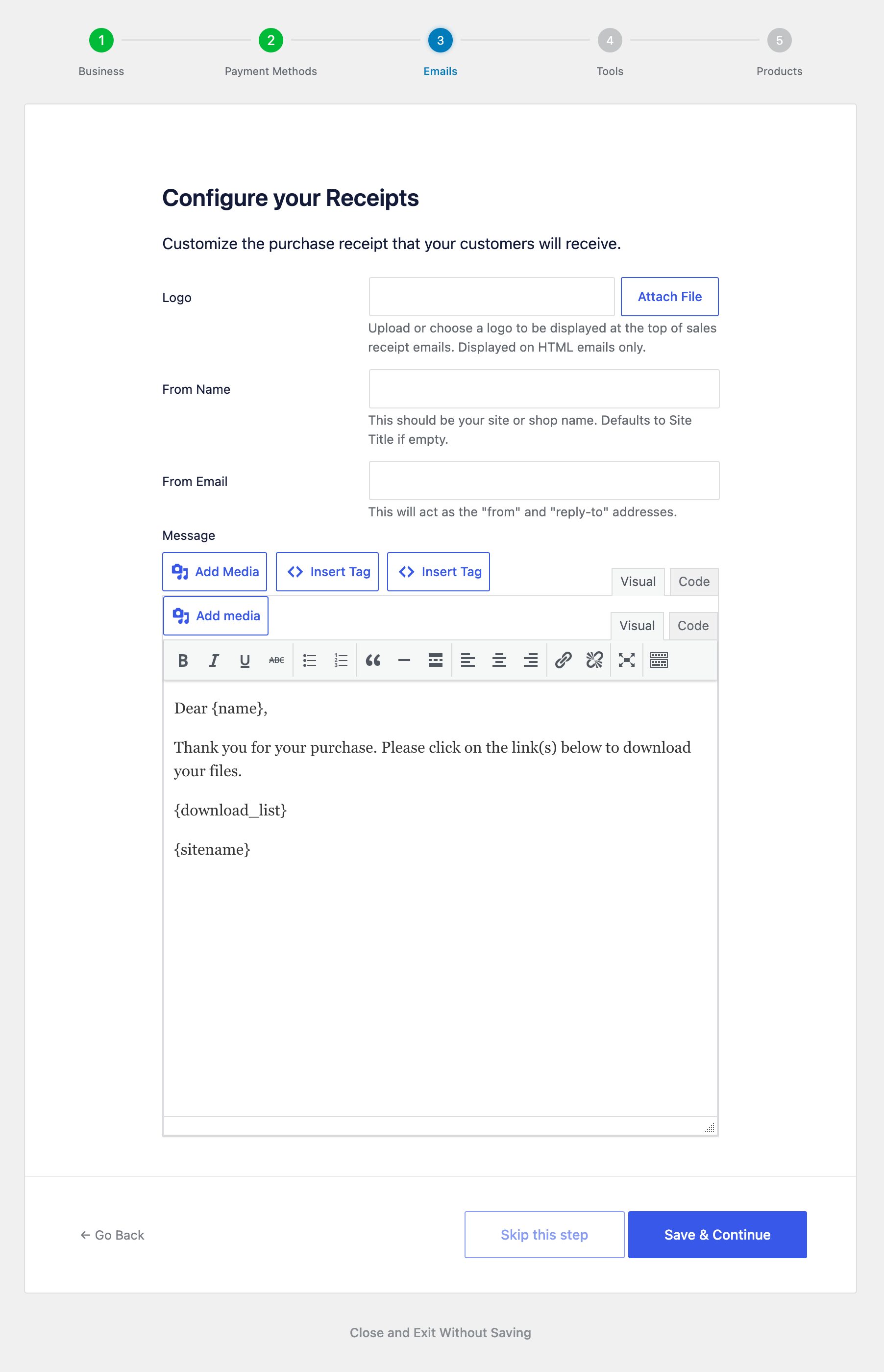 edd-setup-wizard-step-3 – Easy Digital Downloads EDD Setup Wizard Step 3 to configure purchase receipt email.