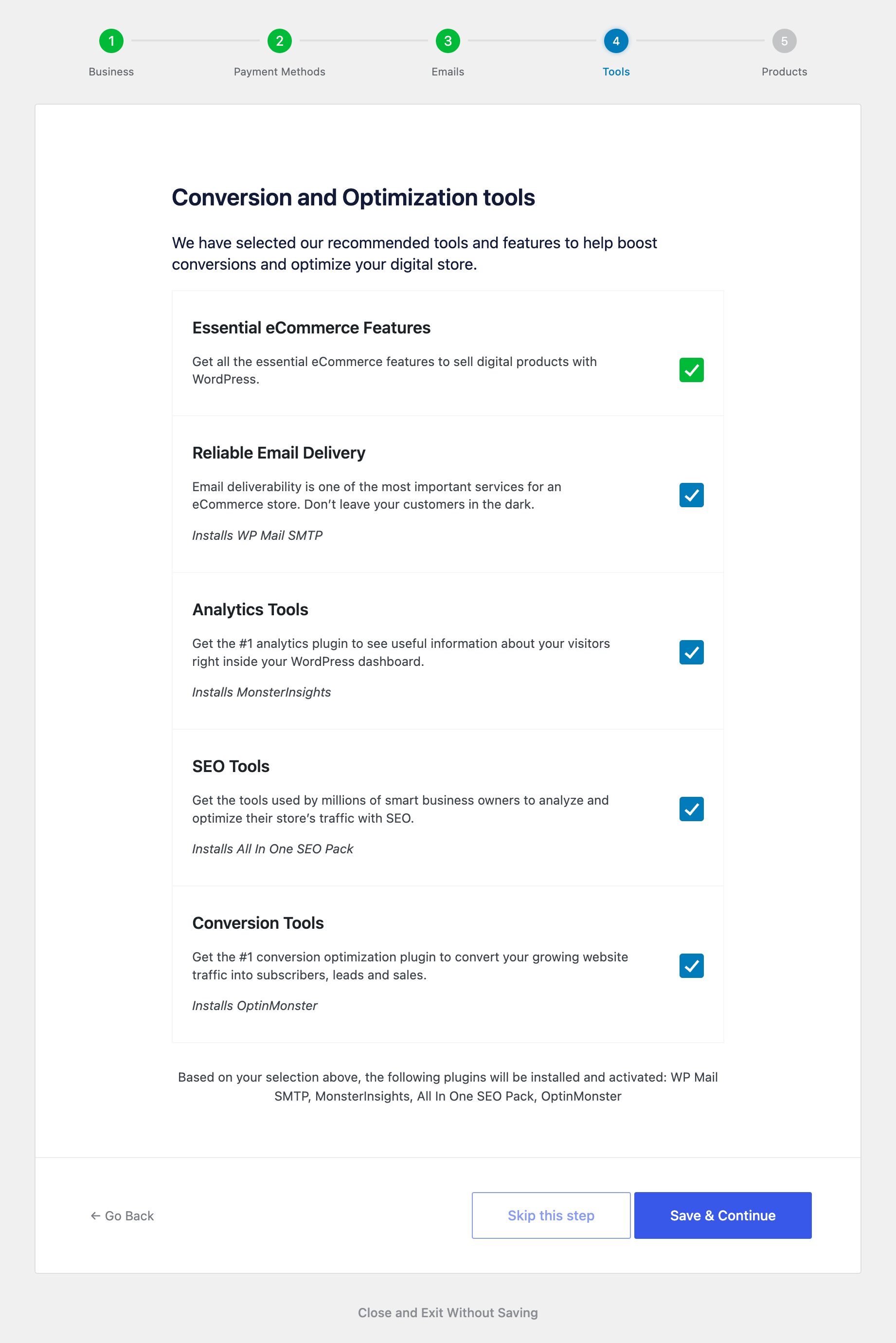 edd-setup-wizard-step-4 – Easy Digital Downloads The Conversion and Optimization Tools screen of EDD Setup Wizard.