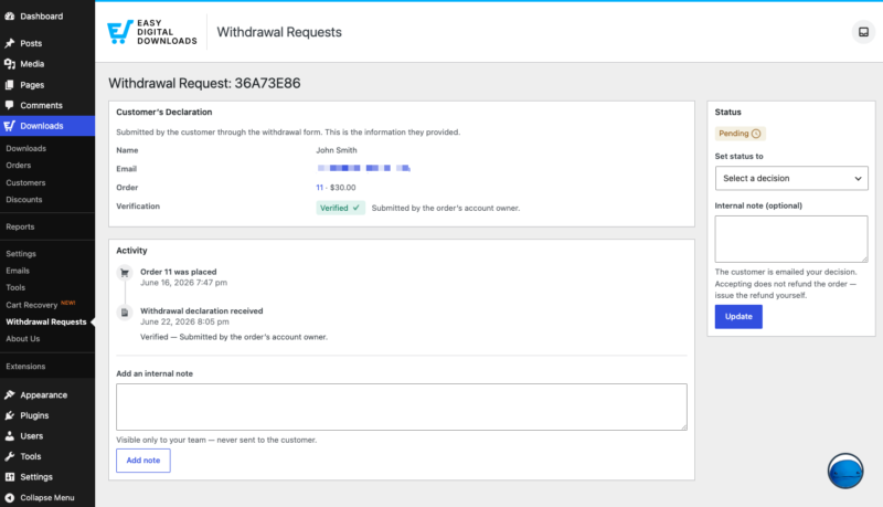 EDD Withdrawal Request details