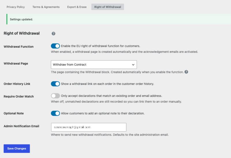 EDD Right of Withdrawal plugin settings.