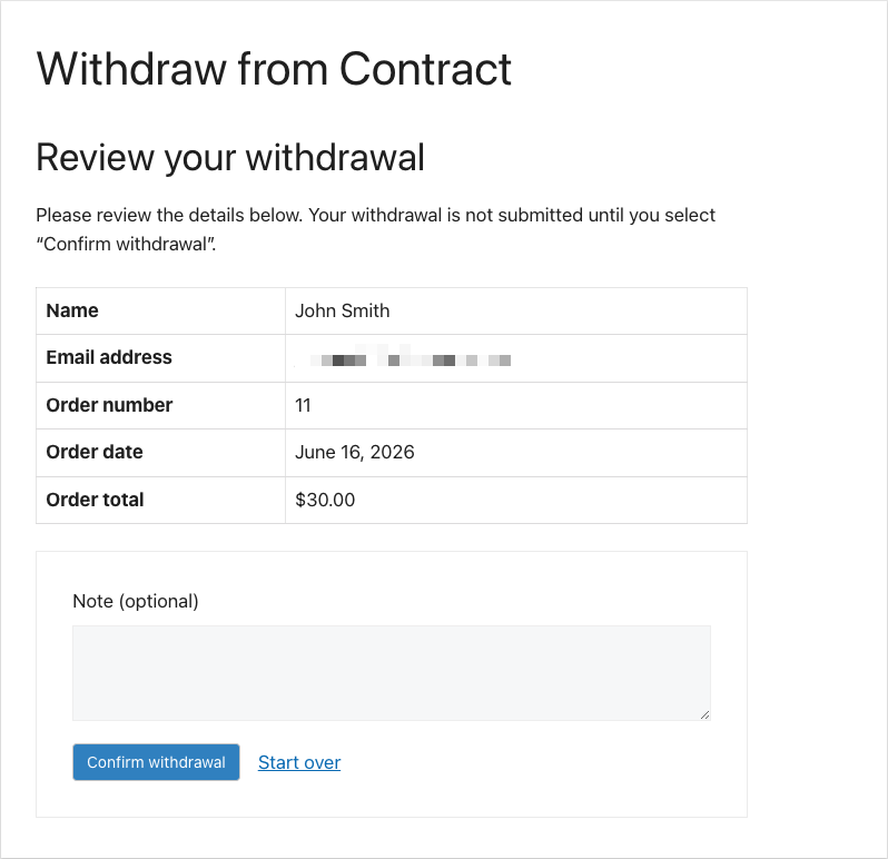 EDD Customer Right of Withdrawal form review screen