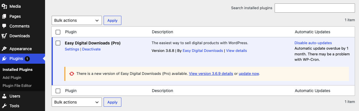 Option zum Aktualisieren des Easy Digital Downloads Pro-Plugins auf die neueste Version in WordPress.