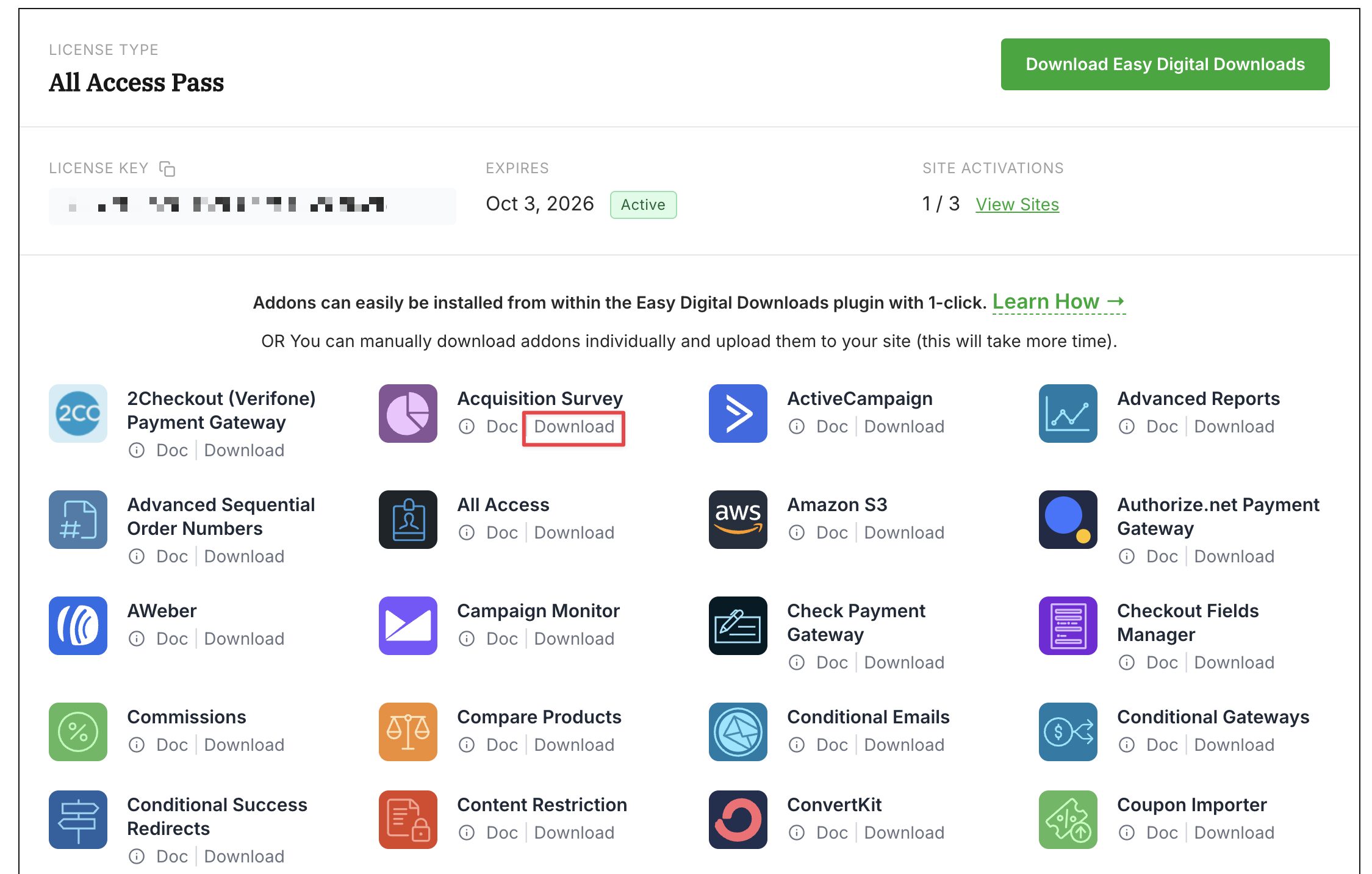 EDD account dashboard showing All Access Pass with available Pro features and exensions to download.