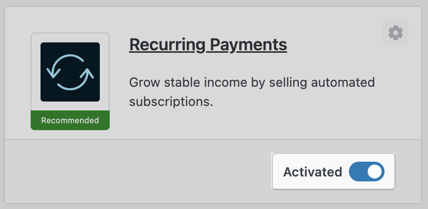 Recurring Payments card an Activated toggle.