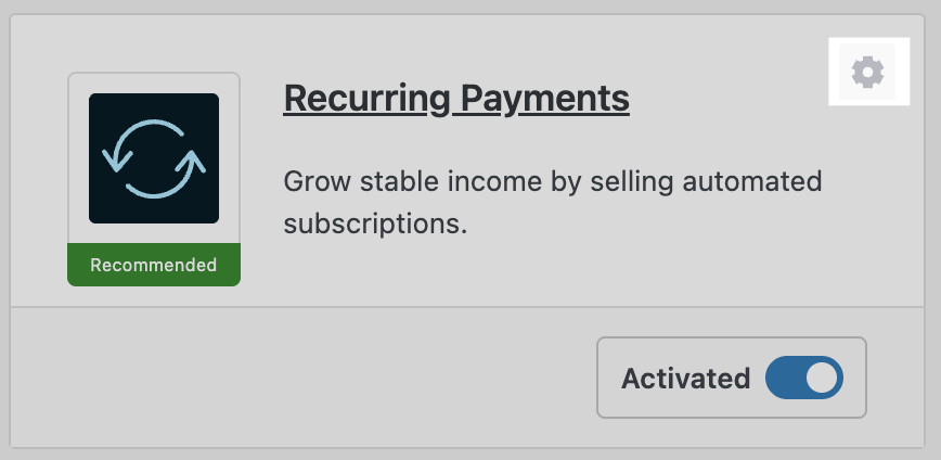 Recurring Payments feature card with gear icon highlighted.