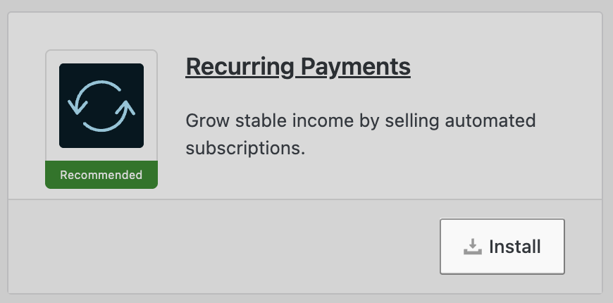 Card for Recurring Payments feature with install button highlighted.