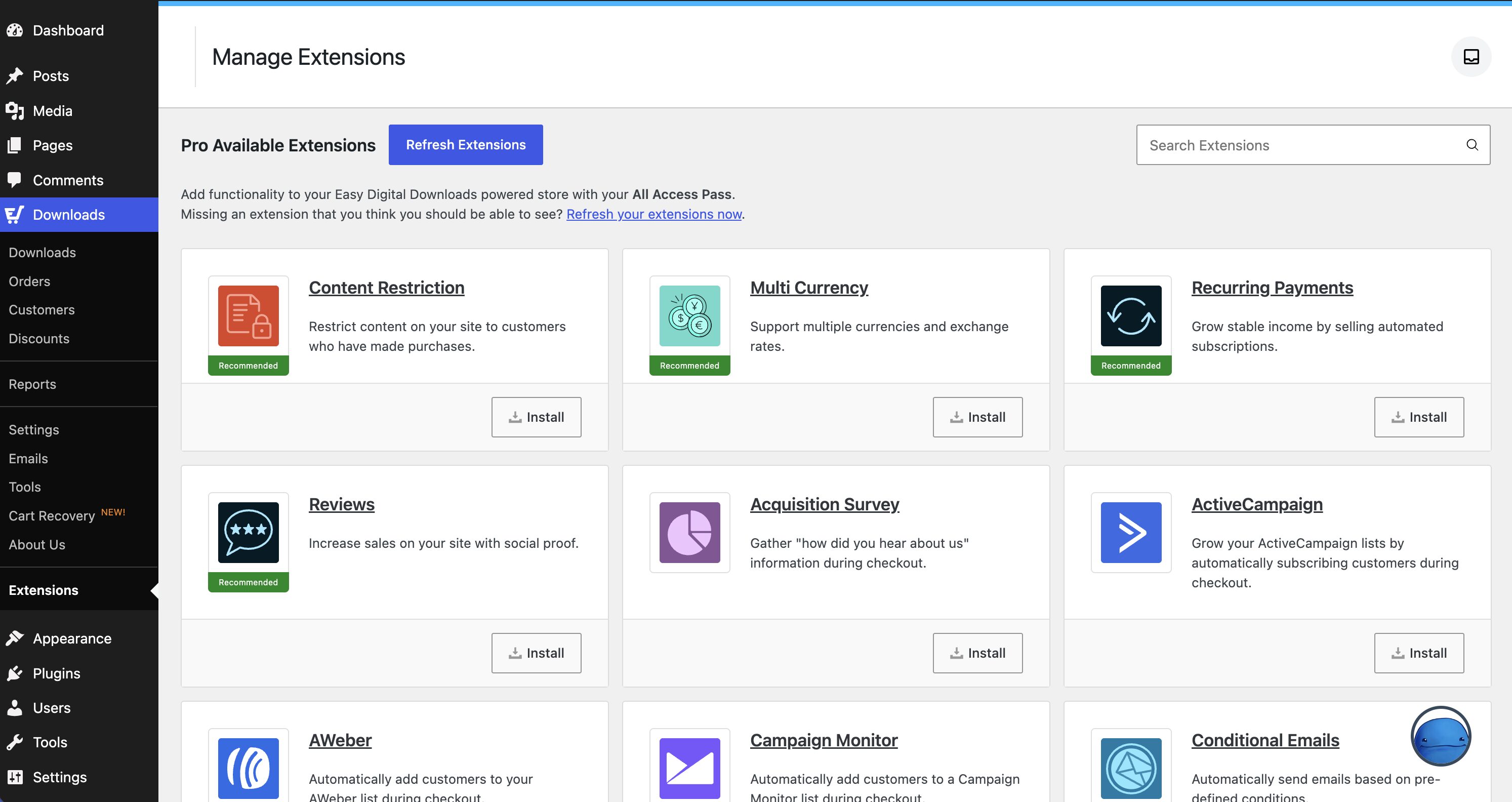 WordPress Manage Extensions screen in Easy Digital Downloads.