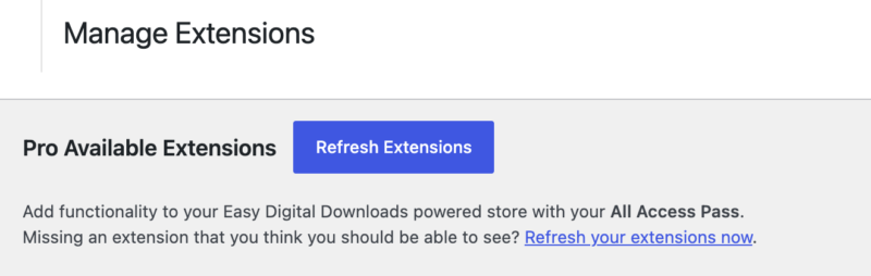 EDD 'Manage Extensions' page with blue 'Refresh Extensions' button.