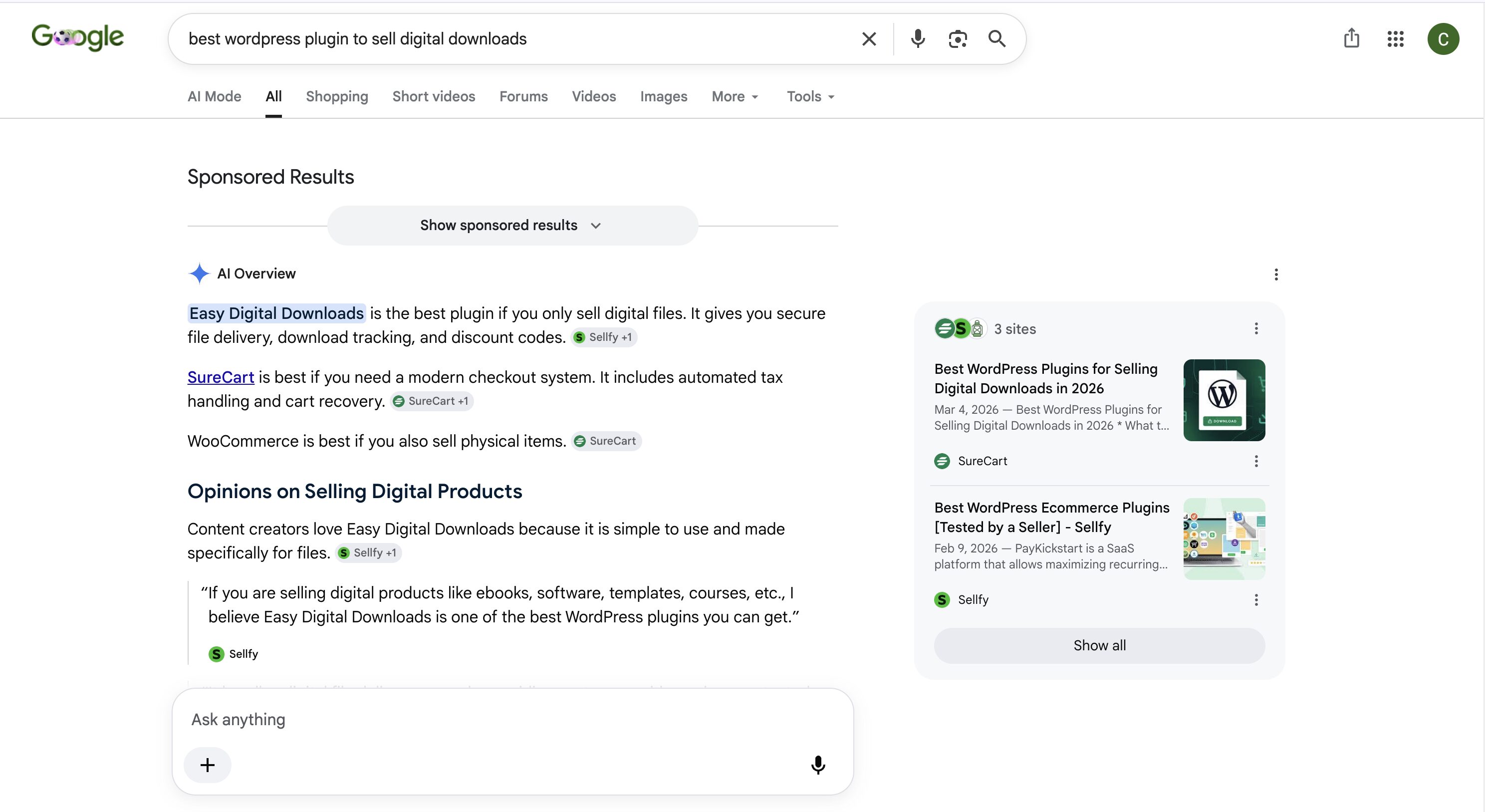Screenshot – Easy Digital Downloads Google AI Overview beveelt Easy Digital Downloads aan als de beste WordPress-plugin voor het verkopen van digitale producten