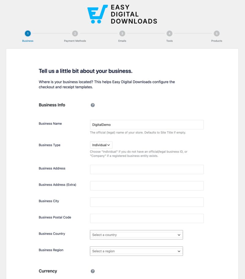 Easy Digital Downloadsセットアップウィザードのビジネスステップ画面。