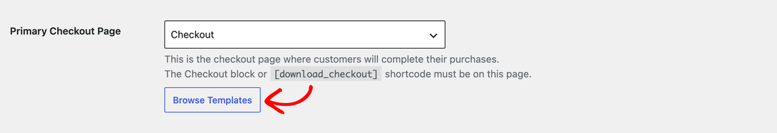 Setarea EDD Pagina principală de checkout cu butonul Răsfoiți șabloane dedesubt