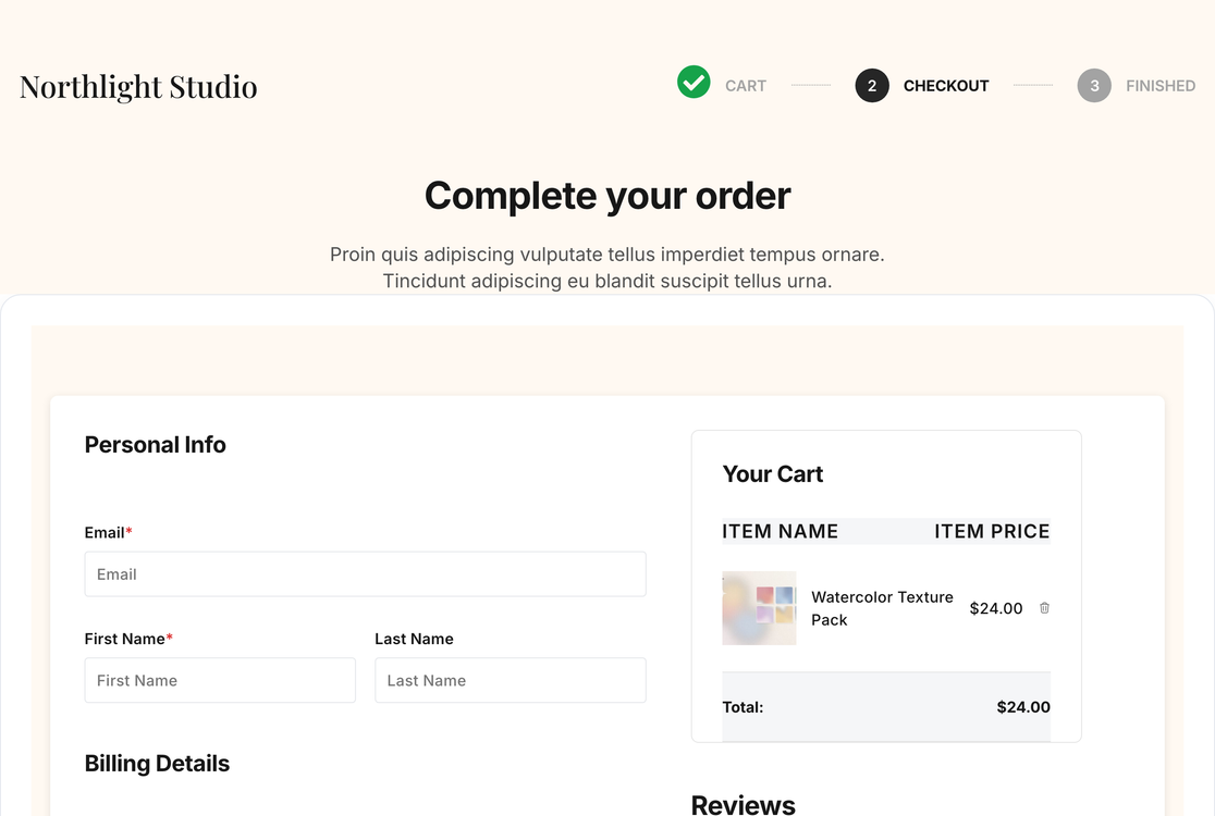 Pagina de checkout WordPress live care afișează designul șablonului de checkout EDD importat cu un produs în coș.