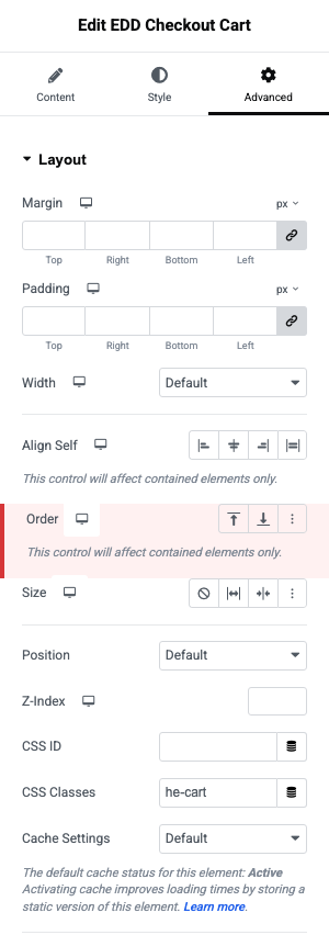 edd-elementor-checkout-control-comanda – Easy Digital Downloads Widgetul Coș EDD Checkout selectat în Elementor cu fila Avansat deschisă și controlul Comandă evidențiat sub Aspect.