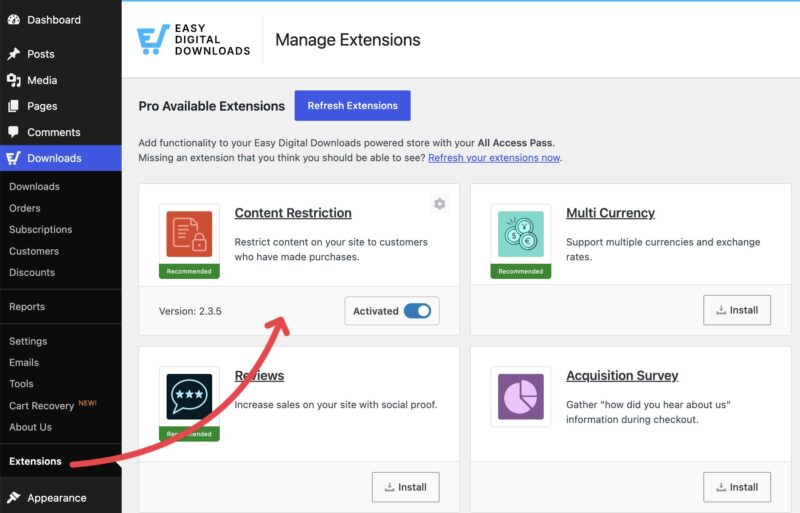 Sc – Easy Digital Downloads Content Restriction vermeld onder Downloads » Extensies in Easy Digital Downloads.