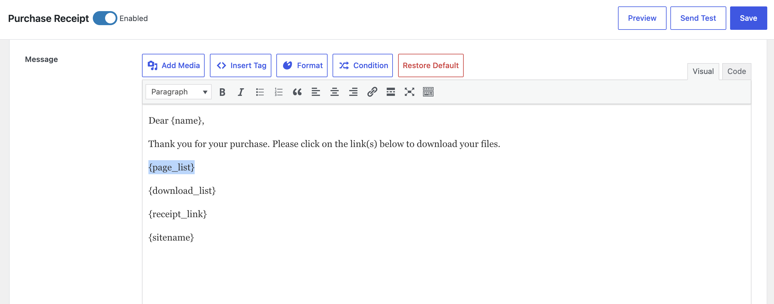 edd-purchase-receipt-email-editor-page-list – Easy Digital Downloads Aankoopbewijs e-mailsjabloon in EDD met paginalijst-tag voor beperkte inhoud.