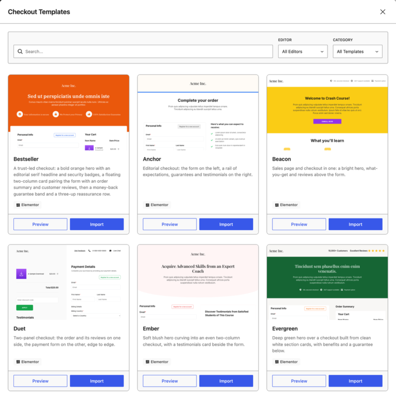 elementor-checkout-templates-library-edd – Easy Digital Downloads Biblioteca de șabloane de finalizare a comenzii afișând fiecare șablon disponibil într-un singur grilaj.