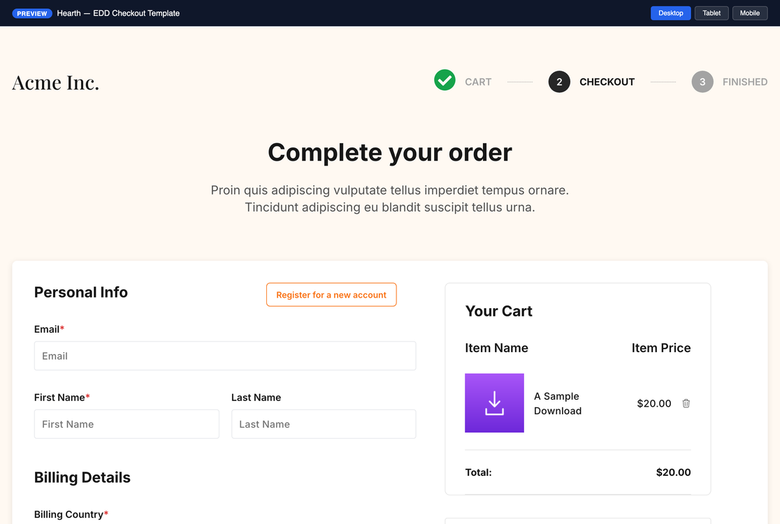 step_08_elementor-checkout-template_preview – Easy Digital Downloads O previzualizare a șablonului de finalizare a comenzii EDD deschisă în propria filă cu comutatorul Desktop, Tabletă și Mobil.
