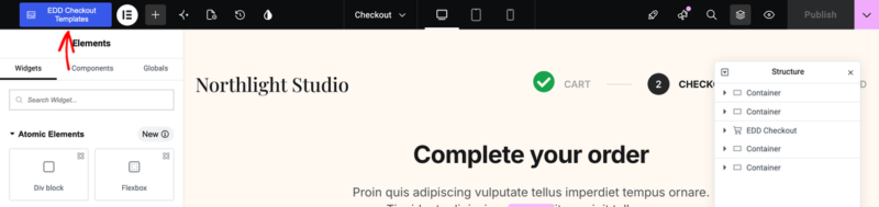 step_13_elementor_entry – Easy Digital Downloads Butonul EDD Checkout Templates din bara de sus Elementor.