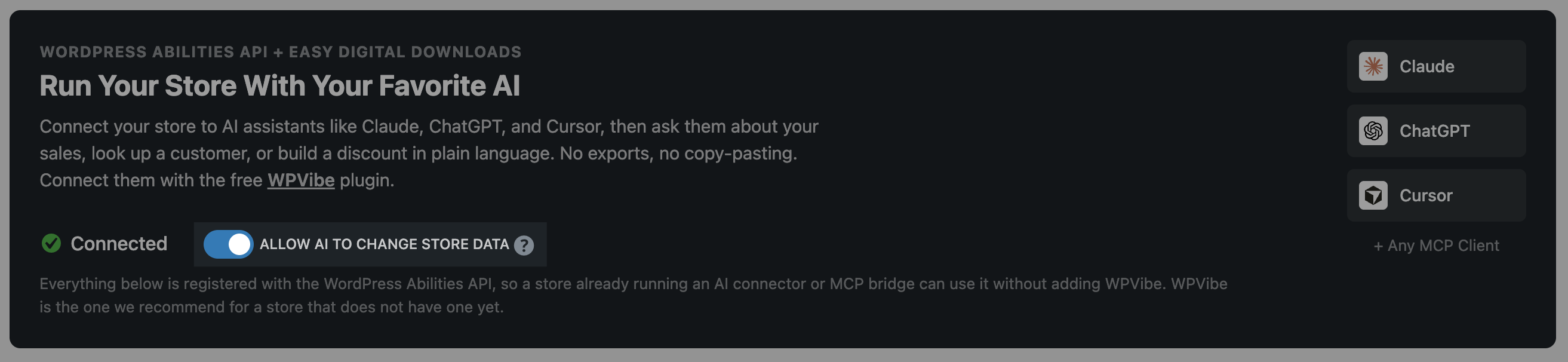 Easy Digital Downloads AI setting to Allow AI to change store data in WordPress Abilities API with WPVibe.