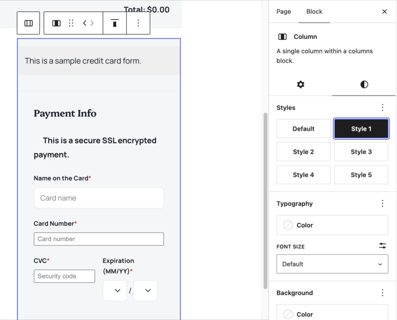 Formular de plată cu cardul de credit cu câmpuri pentru numele cardului, numărul cardului, CVC și expirare (stânga) într-un editor de pagină.
