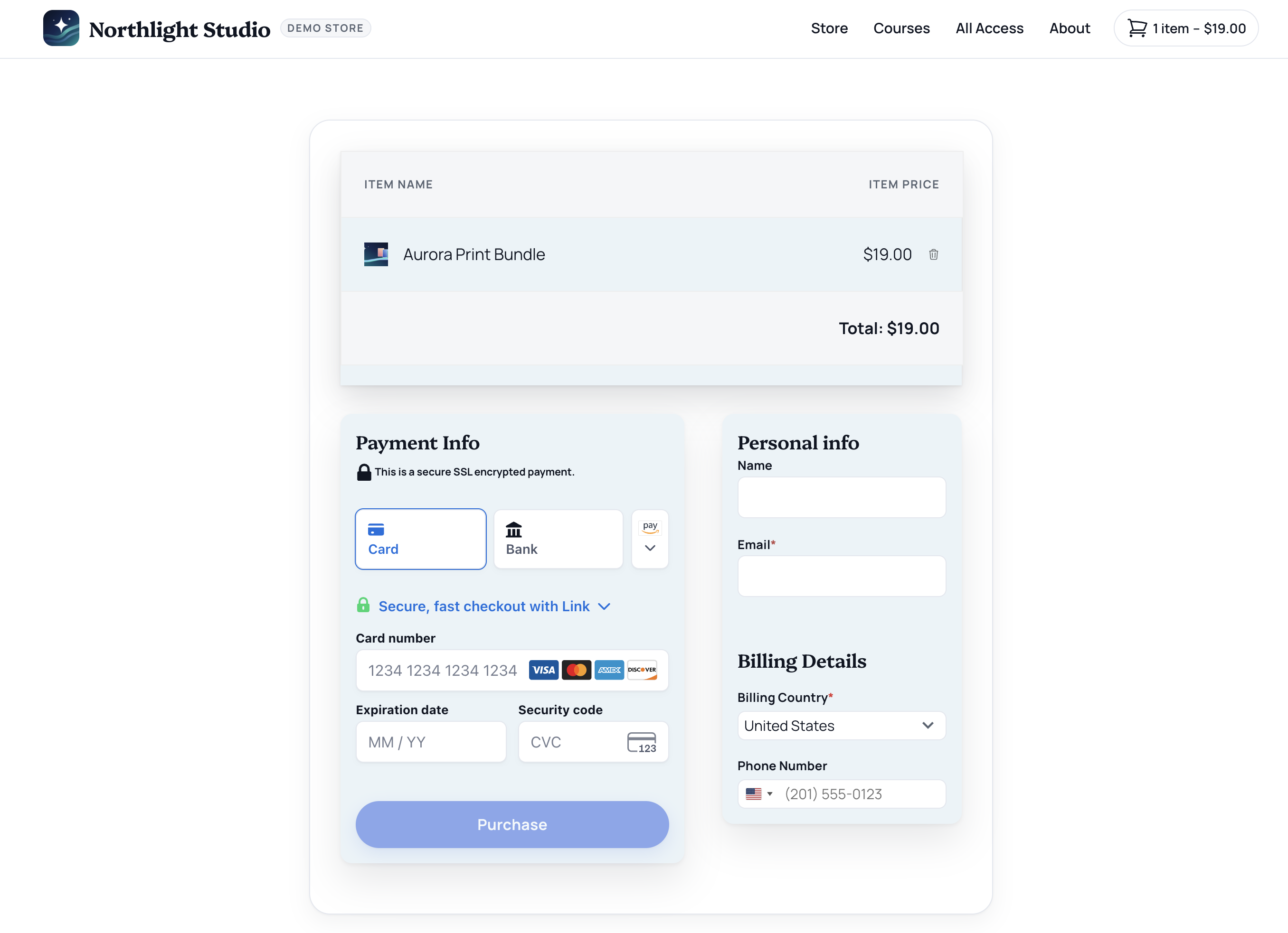 Page de paiement simplifiée offrant plusieurs options de paiement.