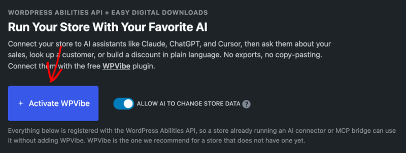 edd-activate-wpvibe – Easy Digital Downloads The blue button to Activate WPVibe in Easy Digital Downloads AI settings.