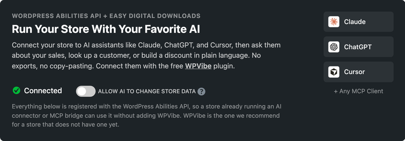 The Easy Digital Downloads AI Assistant connected status.