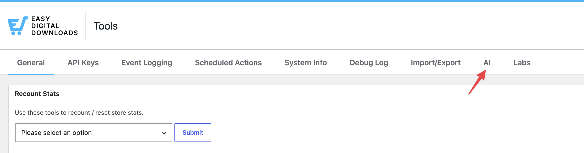 edd-ai-tab-menu – Easy Digital Downloads The Easy Digital Downloads AI tab under Tools in WordPress.
