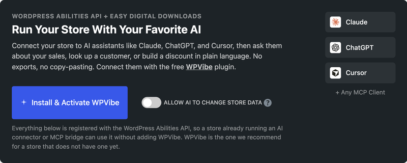 Easy Digital Downloads AI tab overview available with WordPress Abilities API.
