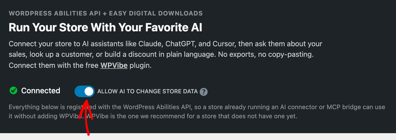 The Easy Digital Downloads AI setting to allow AI to change store data.