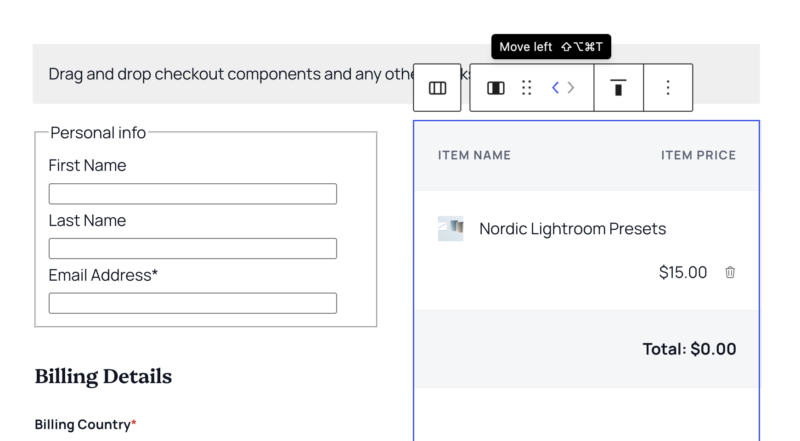 Pagina de finalizare a comenzii cu un formular personal de informații (Nume, Prenume, Adresă de e-mail) în stânga și un rezumat al coșului în dreapta, arătând Nordic Lightroom Presets pentru și un total de alt=