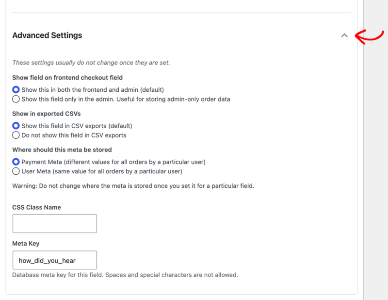 edd-checkout-field-advanced-settings-expanded – Easy Digital Downloads Panel zaawansowanych ustawień Menedżera Pól Kasy w EDD pokazujący opcje radiowe.