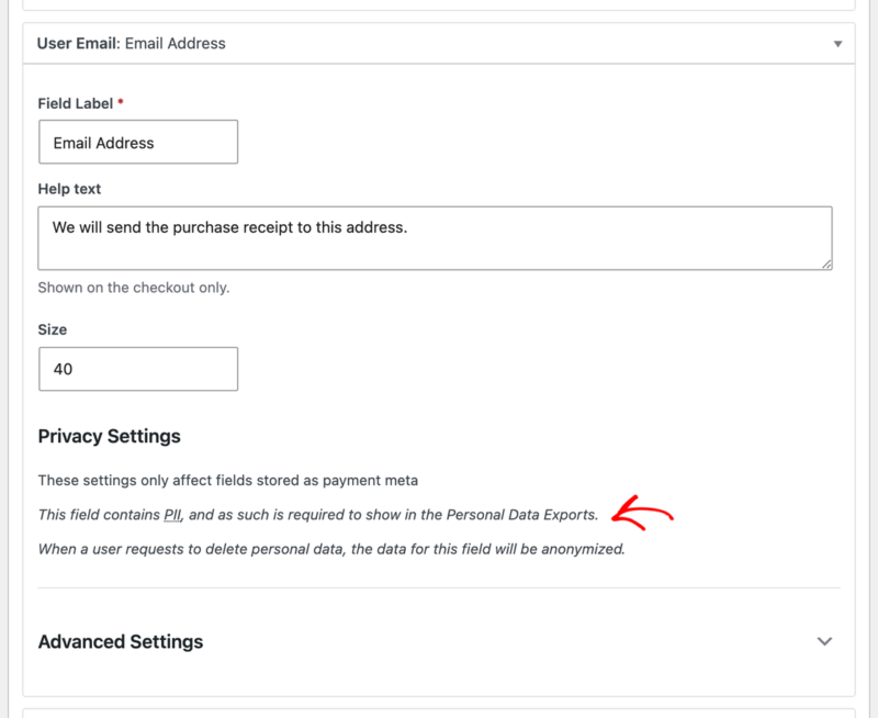 Pannello del modulo di checkout che mostra il campo Indirizzo Email, l'input della dimensione e le Impostazioni sulla Privacy con note sull'esportazione dei dati personali e sull'anonimizzazione in caso di richieste di cancellazione.