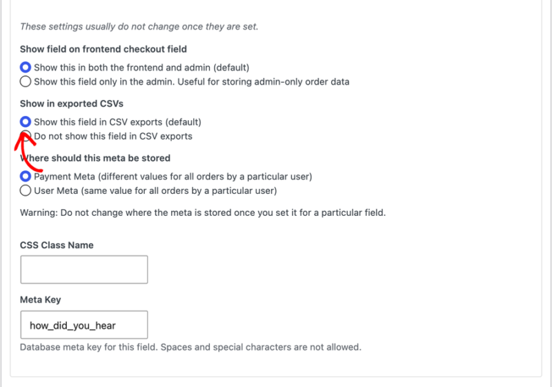 Impostazione del campo EDD del Gestore Campi del Checkout per mostrarlo nel CSV di esportazione.