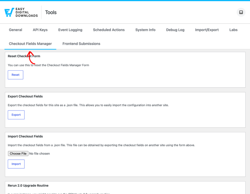 Easy Digital Downloads Tools-Dashboard mit Abschnitten zum Zurücksetzen, Exportieren, Importieren von Checkout-Feldern und zur Upgrade-Routine.