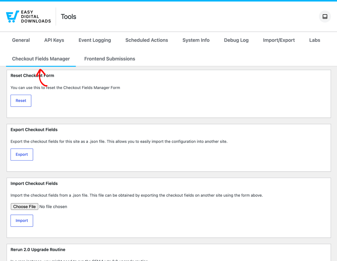 Dashboard Strumenti di Easy Digital Downloads con sezioni per reimpostare, esportare, importare campi del checkout e routine di aggiornamento.