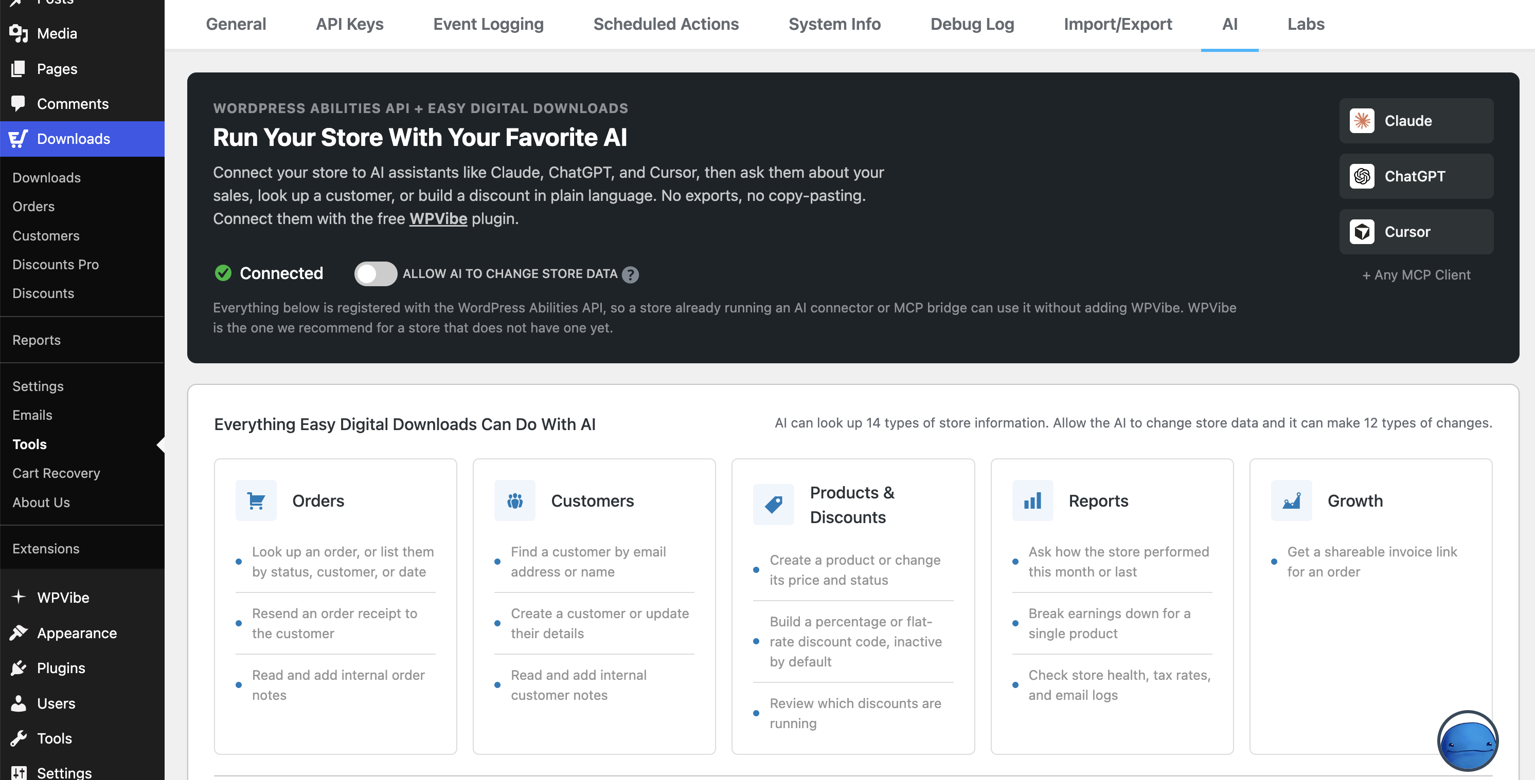 The Easy Digital Downloads AI tab for WordPress Abilities API.
