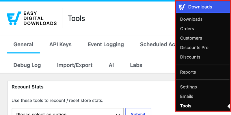The Easy Digital Downloads Tools tab.