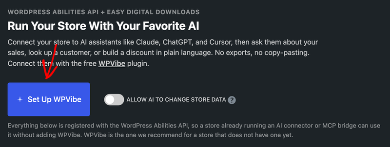The Set Up WPVibe button to connect Easy Digital Downloads with AI Assistant.